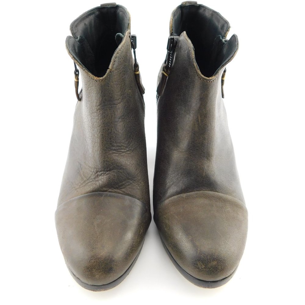 RAG & BONE Brown Waxed Leather Double Zipper Cap Toe Block Heel Booties 37.5